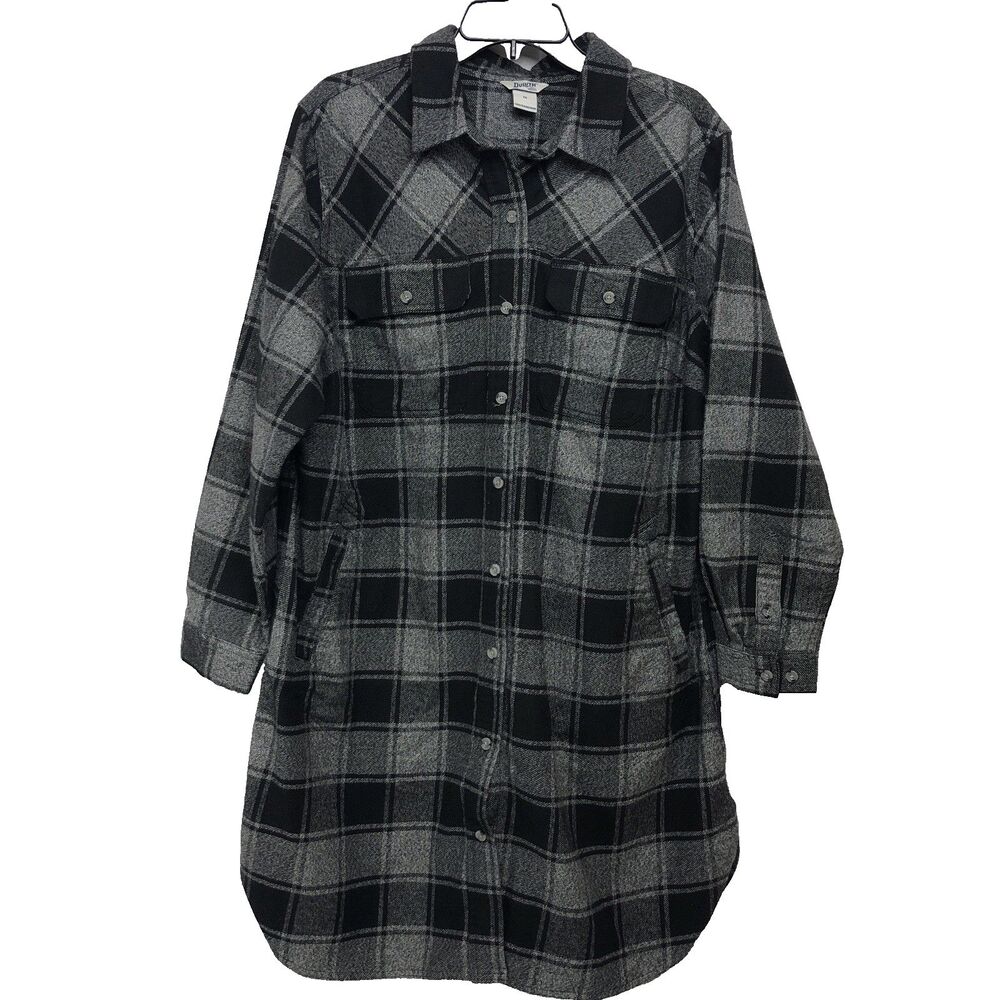Duluth Trading Women's Folklore Flannel Button-Up Duster 1X NWOT Black Gray